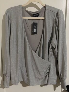 City Chic metallic Silver Shimmer Wrap Blouse